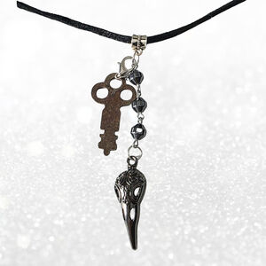 Gothic Skeleton Key & Raven Skull Necklace - Hematite Grounding Jewelry